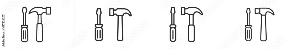 Poster Four tool icons featuring hammers and screwdrivers in a simple, modern design for DIY enthusiasts and craftsmen