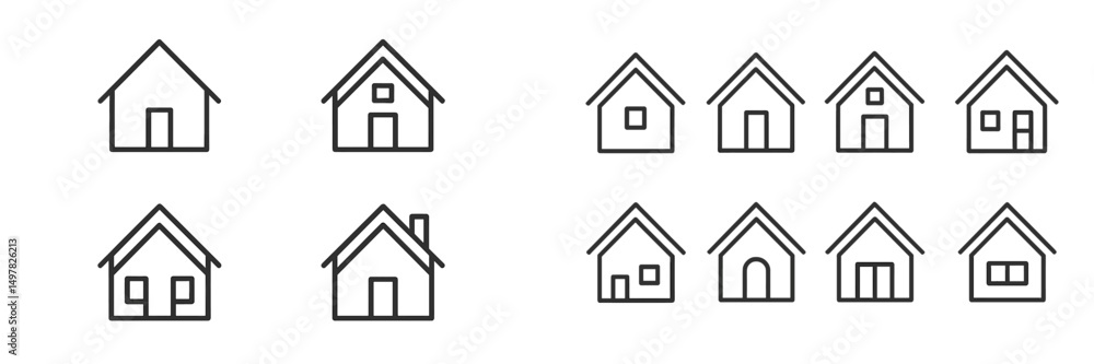 Poster collection of simple house icons drawn in black outline style showcasing various architectural desig