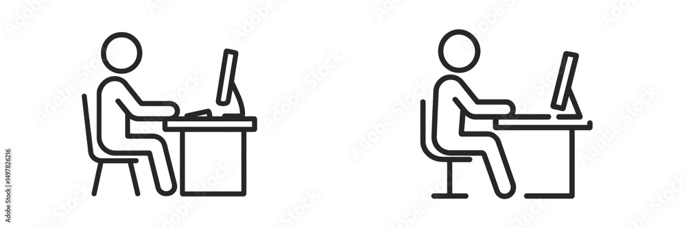 Poster Workstation setup showing individuals using computers in different postures during a productive workday in an office environment