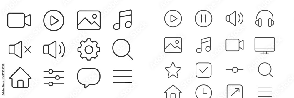 Poster collection of various multimedia icons representing audio, video, and image functionalities for digi