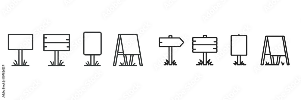Poster collection of different sign designs on grass with various shapes and orientations for artistic or f