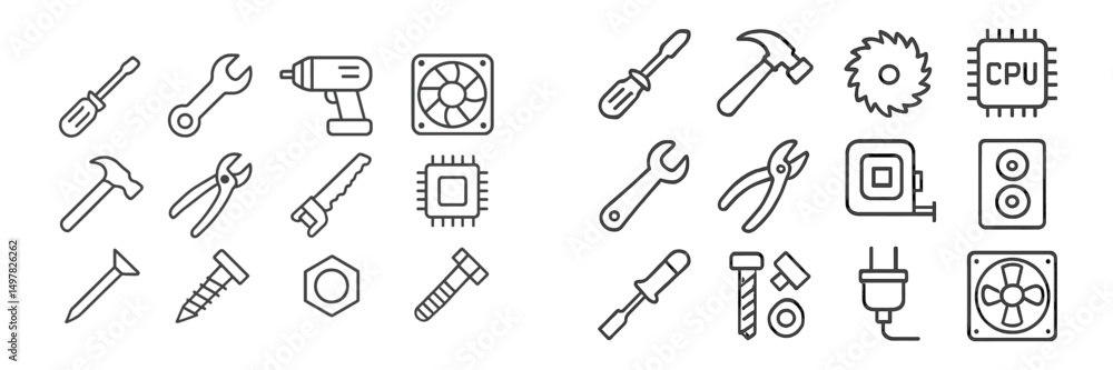 Poster Collection of various tools including hand tools, power tools, and computer components arranged on a clean background