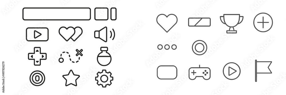 Poster collection of simple line icons representing various gaming and multimedia elements in a minimalist 