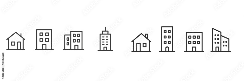 Poster various simple line drawings of houses and buildings depict urban and suburban architecture in a min