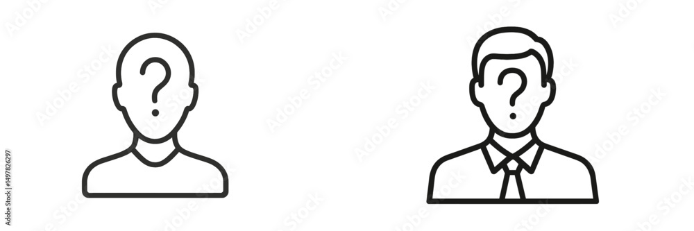 Poster Two minimalist outlines of unknown individuals with question marks representing uncertainty about identity