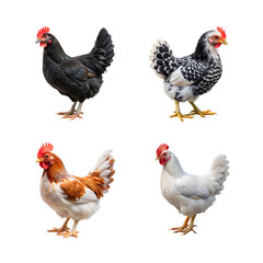 White farm rooster and hen with chicks, isolated on a rural nature background