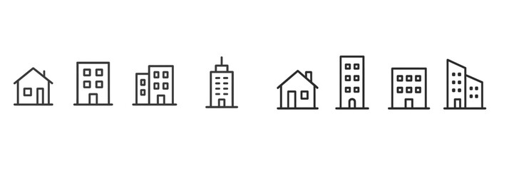 Various simple line drawings of houses and buildings depict urban and suburban architecture in a minimalist style