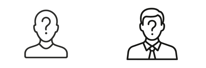 Two minimalist outlines of unknown individuals with question marks representing uncertainty about identity