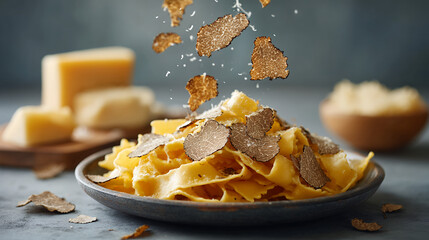 A plate of pasta topped with shaved truffles and cheese, with more truffles falling onto the dish.