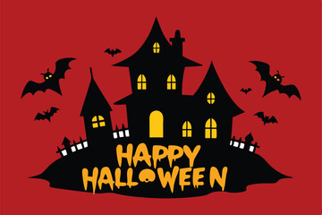 Haunted House Silhouette with Flying Bats and Glowing "Happy Halloween" – Spooky Art on dark red Background