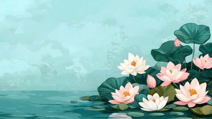 Tranquil pond with blooming lotus flowers