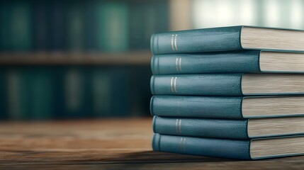 Stacked hardcover books on a wooden desk
