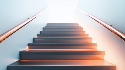 Fototapeta premium Polished copper steps float along a seamless handrail in ambient glow, forming a sculptural ascent that symbolizes persistence in minimalist form.