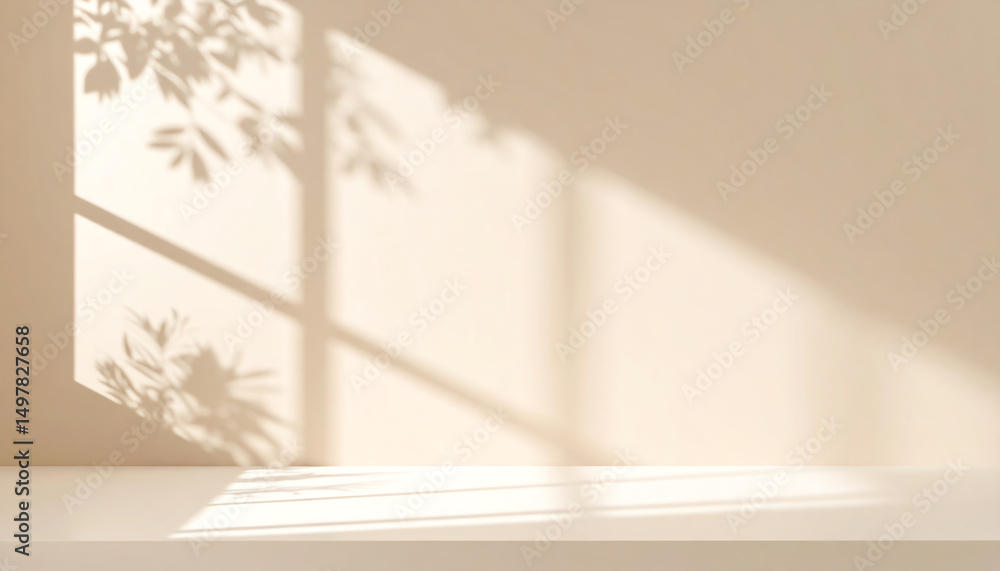 Poster a soft, minimalist space illuminated by gentle shadows from leaves, creating a serene and calming at