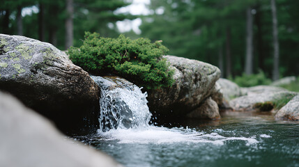 A small waterfall flows over rocks into a clear pool, surrounded by lush greenery in a forest setting.
