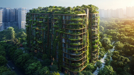 Obraz premium Modern Eco-Friendly Building Surrounded by Lush Greenery in City