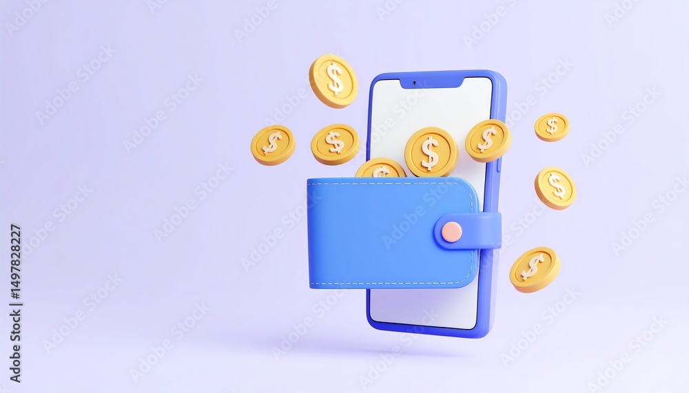 Poster smartphone with a wallet overflowing with coins displaying the intersection of technology and person
