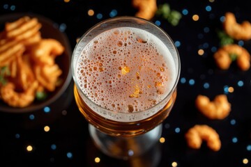 Top view of beer glass with spicy snacks around, vibrant colors, casual bar mood, perfect stock photo composition