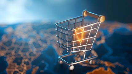 Online shopping cart against city skyline
