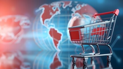 Global online shopping cart against world map