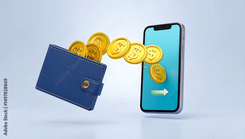 Poster wallet and smartphone with a coin emerging from the wallet showcasing the intersection of technology