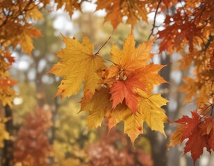 Close-up of maple leaves with bokeh background, showcasing fall colors ,  yellow leaf,  golden hour