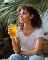 Woman enjoying gluten-free beer in casual outdoor setting, natural colors