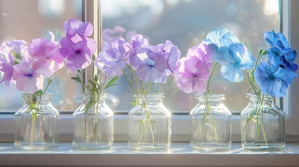 Colorful flowers in small glass jars on a windowsill