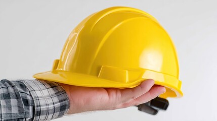 Bright Yellow Safety Helmet in Hand on Gray Background for Construction and Engineering Projects