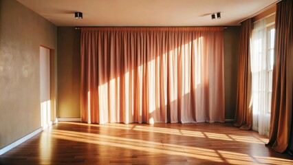Sunbeams through the sheer curtains, illuminating a hardwood floor with a warm glow, creating a cozy and inviting ambiance