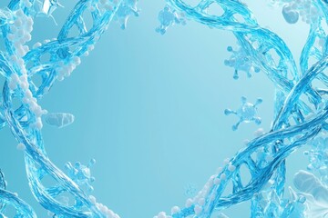 Obraz premium Intricate 3d DNA double helix frame with semi-transparent strands and biological elements on a light blue background for a futuristic biotech design