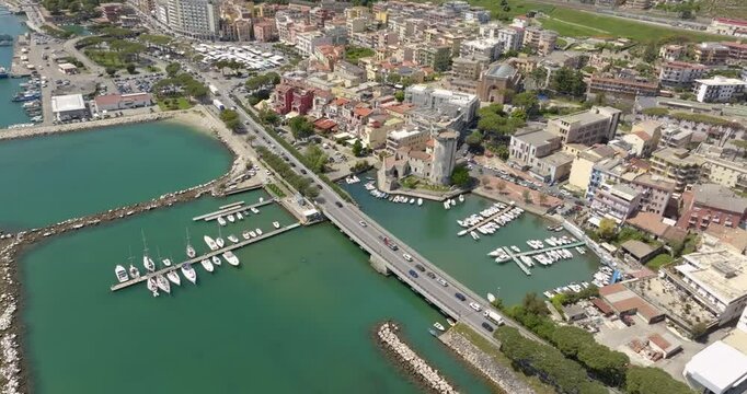 Aerial view of the seaside village of Mola. It is a district of the city of Formia, in the province of Latina, Lazio, Italy. This town overlooks the Mediterranean sea.