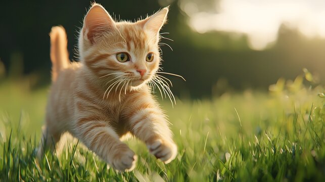 Curious kitten running through a grassy field