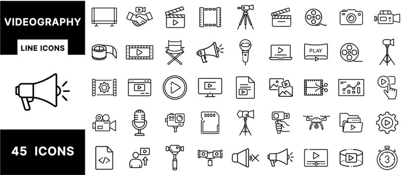 Videography Line Icons Set – Cameras, Clapperboards, Tripods, Drones, Microphones, Editing Tools, Media Files, and Play Buttons for Film and Video Production Design