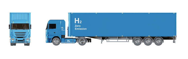 Heavy-duty truck powered by hydrogen fuel cells isolated on transparent background. Orthographic front and side views of a blue hydrogen truck trailer. Ecology logistics concept. 3D illustration