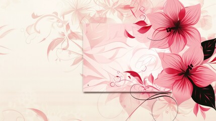 Obraz premium A pink and white floral design with pink flowers and leaves on a beige background.