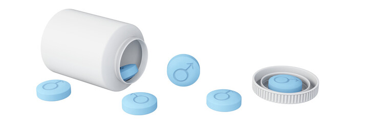 Erectile dysfunction pills Isolated on transparent background. Blue tablets with male symbol spilling out of the medical bottle. Male sexual health concept. 3d illustration