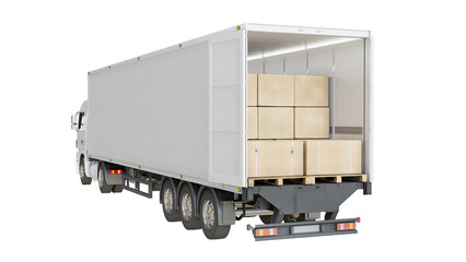 Cargo freight truck trailer loaded with boxes on pallets. Isolated on transparent background. Back view. Logistics and transportation concept. 3D illustration. © Orange Dragon Studio