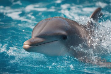 Dolphinarium. Black Sea bottlenose dolphin splashing in clear water, Close-up, Slow motion
