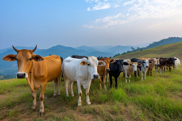 Herd of Cows Grazing Peacefully in a Lush Green Meadow Surrounded by Distant Mountains at Sunrise