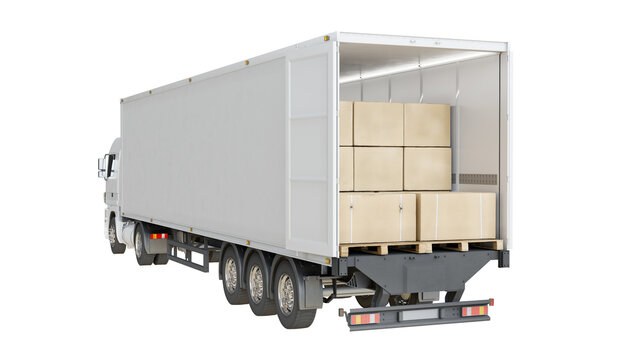 Cargo freight truck trailer loaded with boxes on pallets. Isolated on transparent background. Back view. Logistics and transportation concept. 3D illustration.