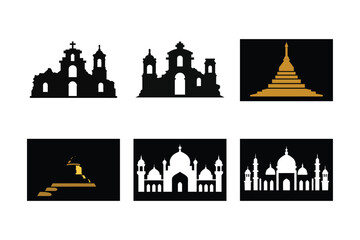 A vector illustration set of landmark silhouette icons featuring famous city architecture and travel monuments from Europe, including London and Paris