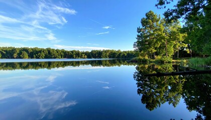 Serene Lake Reflection Under Clear Blue Sky Amidst Lush Trees
