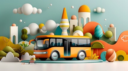 Colorful abstract bus in a whimsical landscape