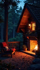 Cozy cabin interior at night, illuminated by warm lamplight and fireplace glow, creating a tranquil and inviting atmosphere perfect for a relaxing getaway  ,  comfort,  bedroom