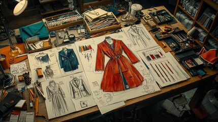 Obraz premium Fashion design sketches and color palettes on a cluttered designer's table
