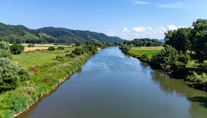 Serene River Flowing Gently Through a Lush Green Valley Landscape