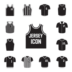 This graphic showcases a collection of various sports jerseys and uniforms in a flat, solid black and white style.