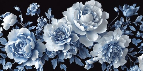 Floral bouquet of light blue peonies on black background