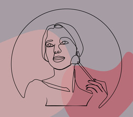 Minimalist continuous line drawing of a woman using a facial roller for her skincare routine. Elegant modern design with abstract background.